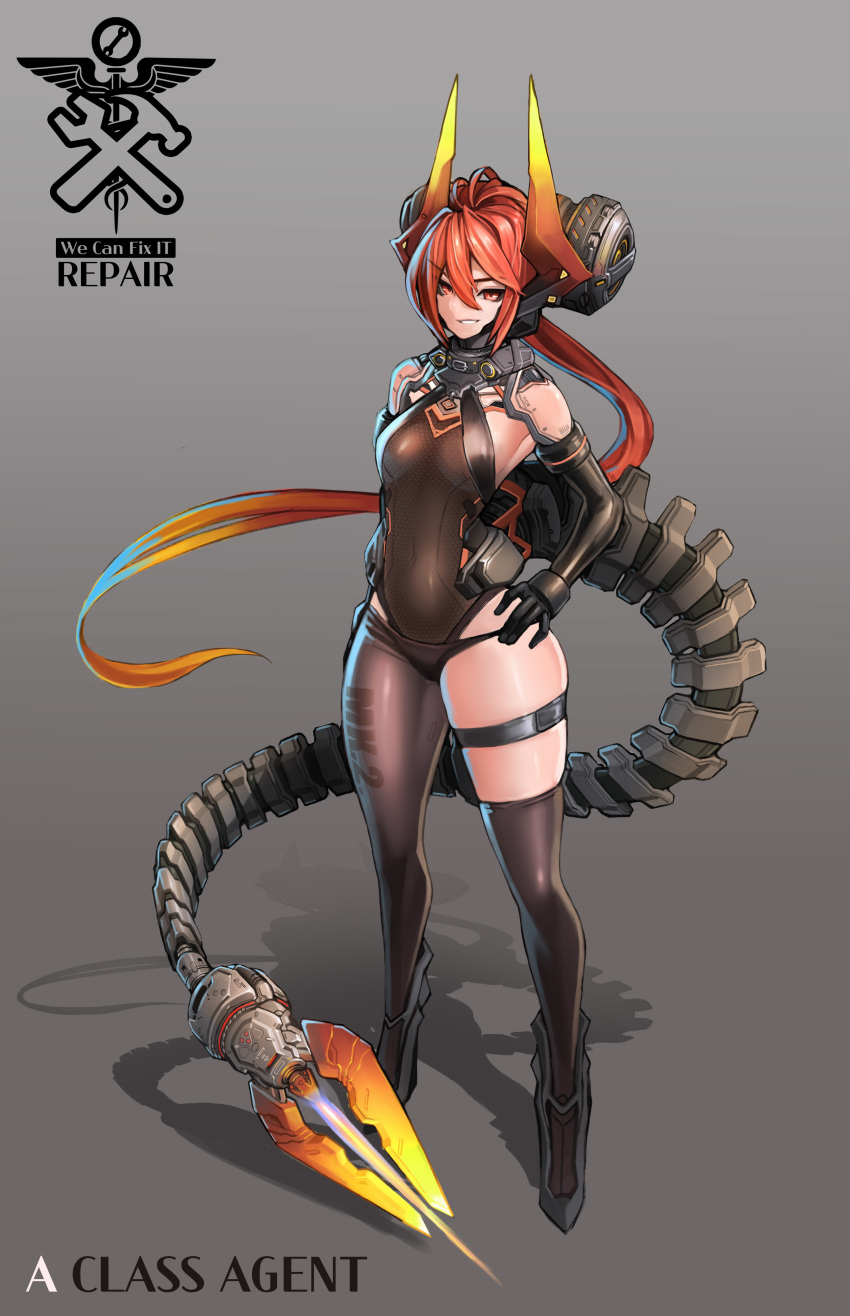 1girl, absurdres, arm_at_side, barcode, bare_shoulders, blowtorch, breasts, commentary_request, elbow_gloves, eyebrows_visible_through_hair, full_body, gloves, gradient, gradient_background, grey_background, grin, hand_on_hip, headgear, highres, horns, korean_commentary, long_hair, looking_at_viewer, mechanical_tail, original, platina1945, ponytail, red_eyes, redhead, shadow, shoulder_pads, single_thighhigh, skin_tight, skindentation, small_breasts, smile, solo, tail, thigh-highs, thigh_strap, tsurime, very_long_hair