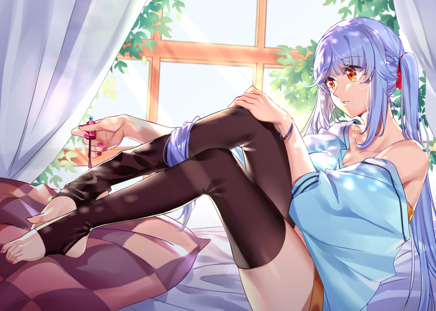1girl, absurdres, aer_(tengqiu), curtains, essex_(warship_girls_r), highres, nail_polish, pillow