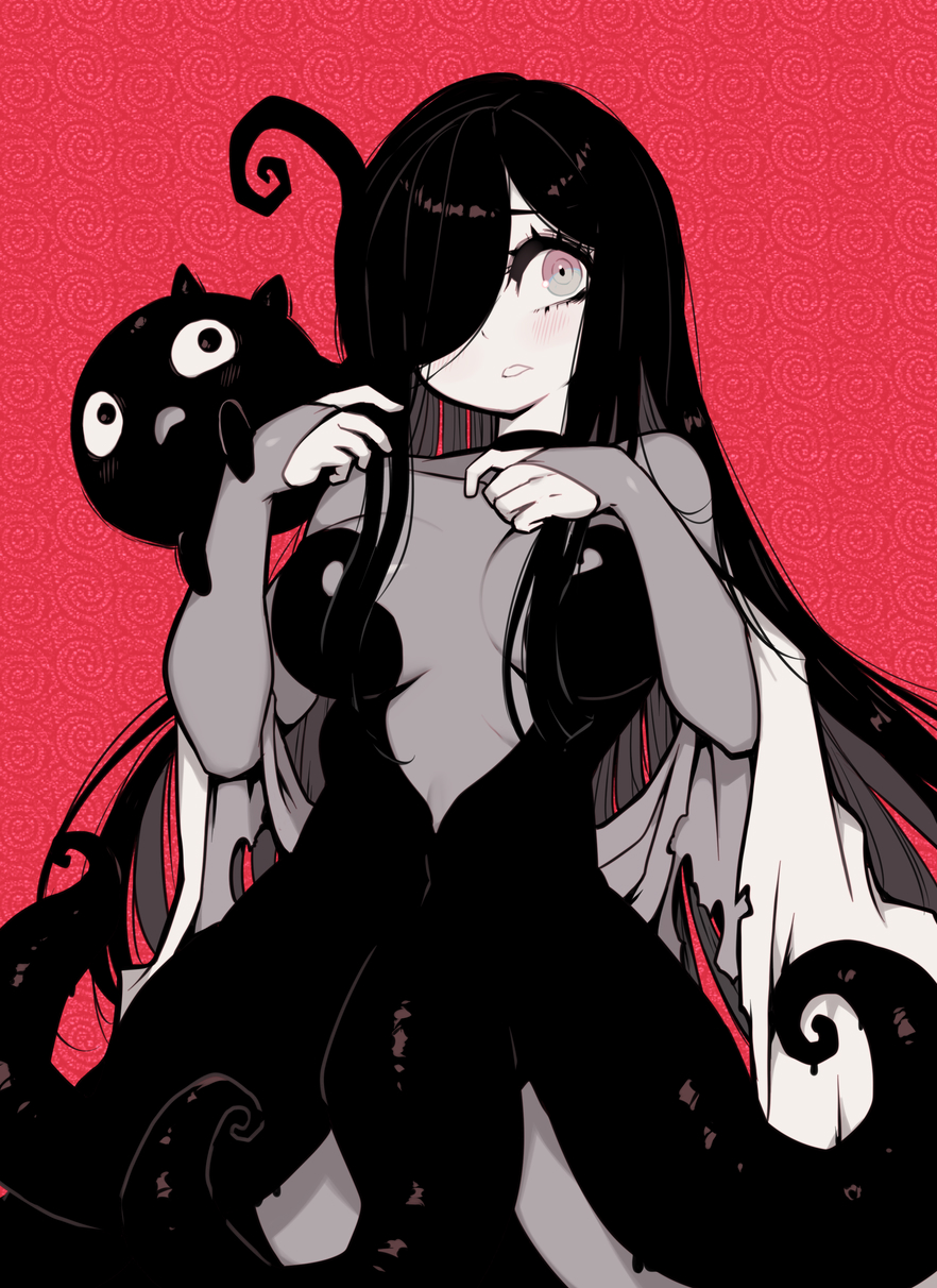 1girl, amissio, aria_wintermint, black_dress, black_hair, blush, breasts, dress