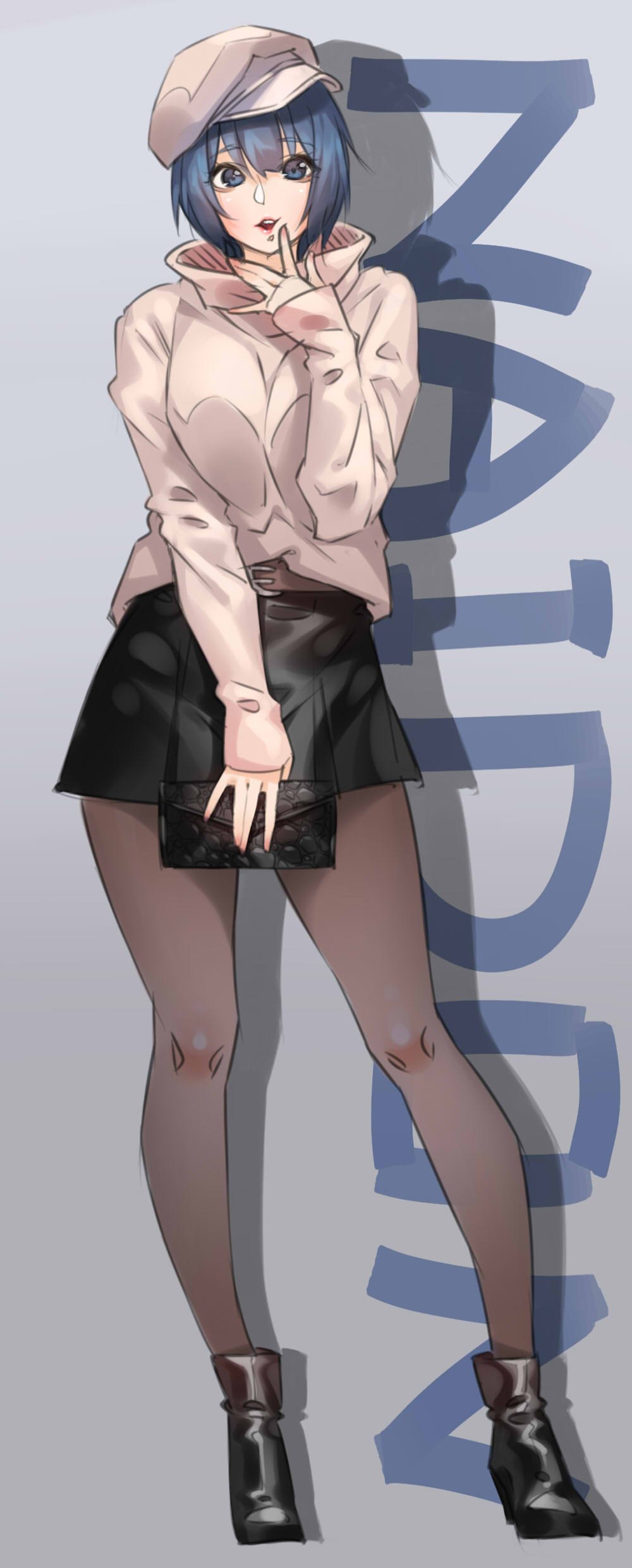 1girl, absurdres, belt, black_footwear, black_legwear, black_skirt, blue_eyes, blue_hair, blush, boots, breasts, brown_belt, character_name, eyebrows_visible_through_hair, full_body, hat, highres, hood, hood_down, large_breasts, looking_at_viewer, naidong, open_mouth, original, pantyhose, short_hair, skirt, smile, solo, white_headwear, white_hoodie, yin-ting_tian