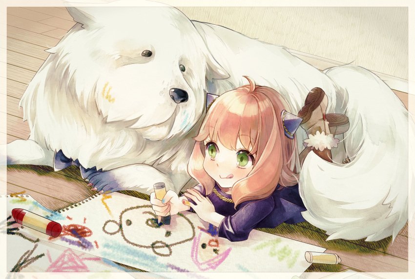 1girl, :>, :q, amrta, ania_(spy_x_family), animal, blue_nails, bond_(spy_x_family), boots, border, brown_footwear, child, child_drawing, closed_mouth, crayon, dog, drawing, dress, fake_horns, fur-trimmed_boots, fur_trim, green_eyes, hair_ornament, happy, highres, holding_crayon, indoors, long_sleeves, looking_at_another, lying, nail_polish, on_floor, on_stomach, paper, pink_hair, smile, spy_x_family, tongue, tongue_out, wooden_floor