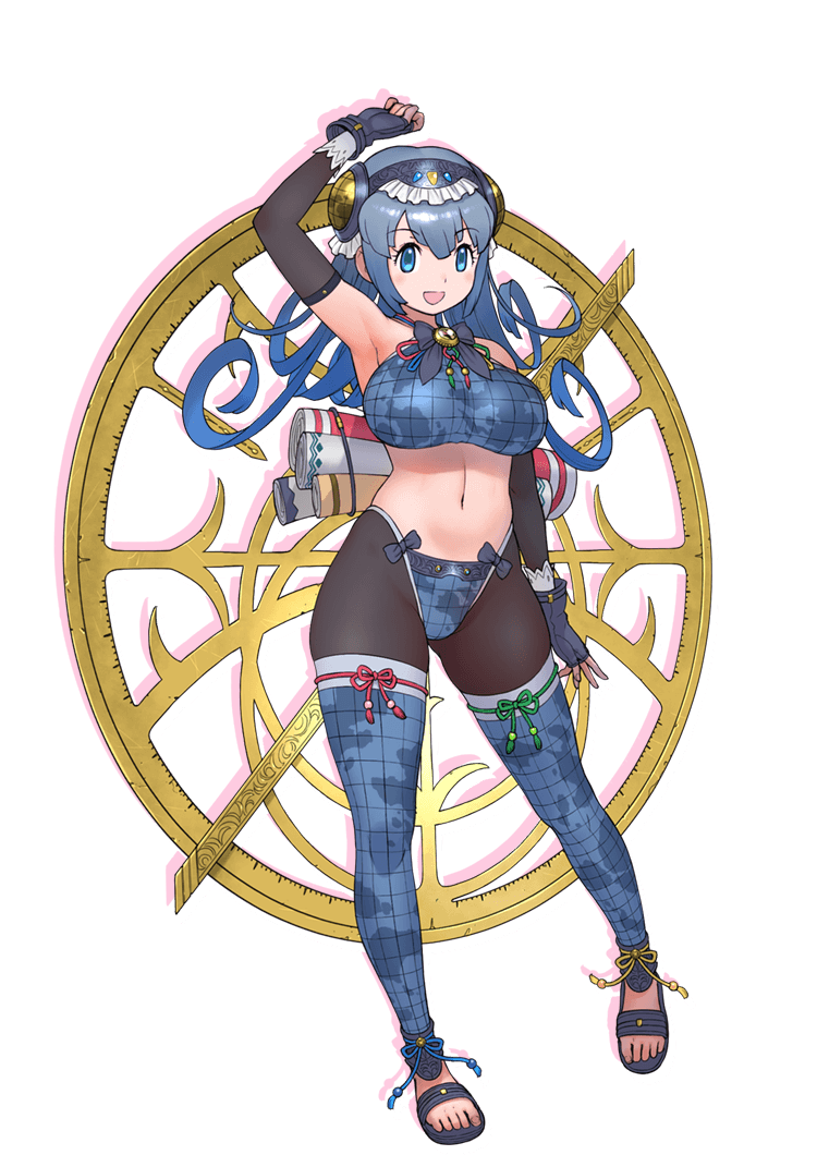 1girl, arm_up, armpits, blue_eyes, blue_hair, breasts, elbow_gloves, fingerless_gloves, flipped_hair, full_body, gloves, headgear, large_breasts, long_hair, map_print, navel, open_mouth, sandals, scroll, shachibato!, shachou_batoru_no_jikan_desu!, solo, tachi-e, transparent_background, yoshizaki_mine