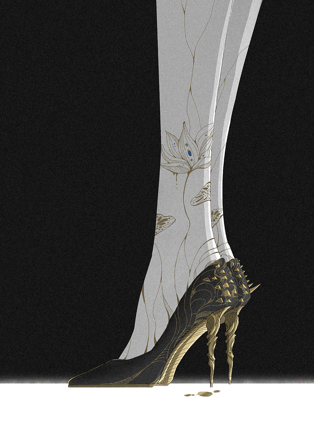1other, androgynous, black_background, black_footwear, close-up, crack, feet, flower