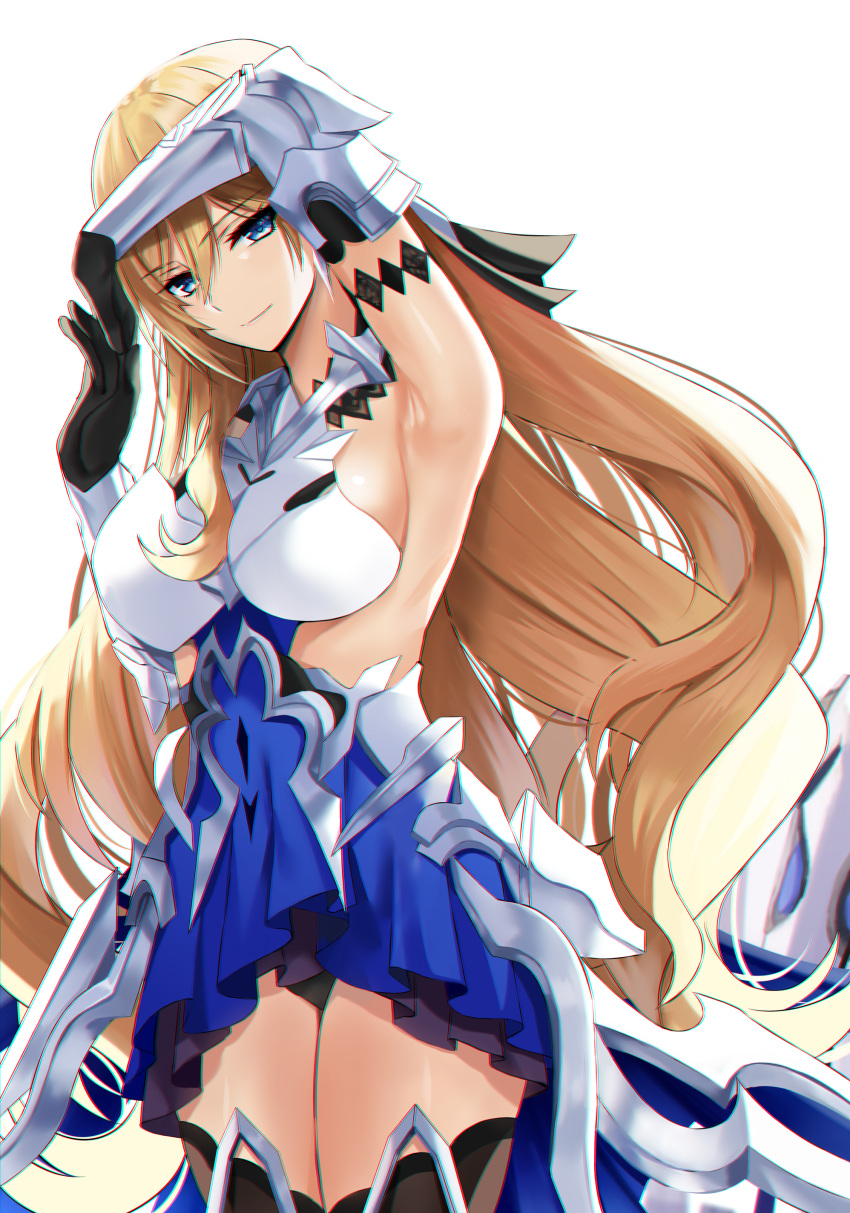 1girl, absurdres, arm_on_head, armor, armored_dress, armpits, arms_up, black_legwear