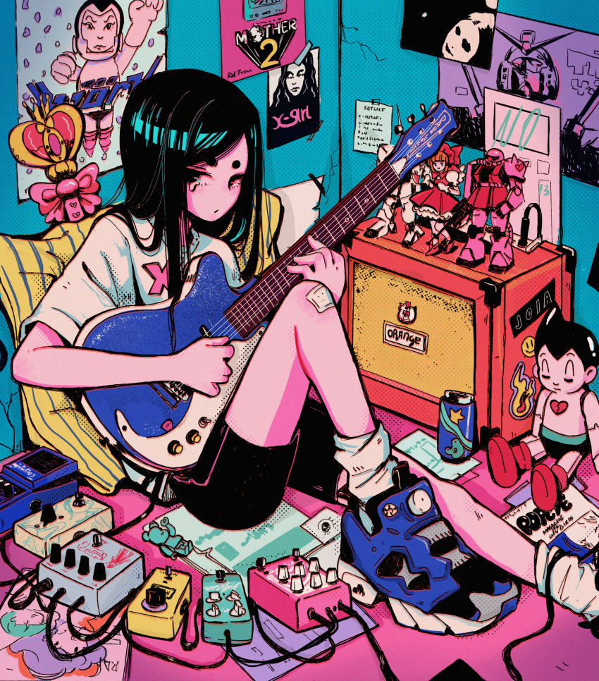 1girl, absurdres, amplifier, atom_(tetsuwan_atom), bandaid, bandaid_on_knee, bike_shorts, black_hair