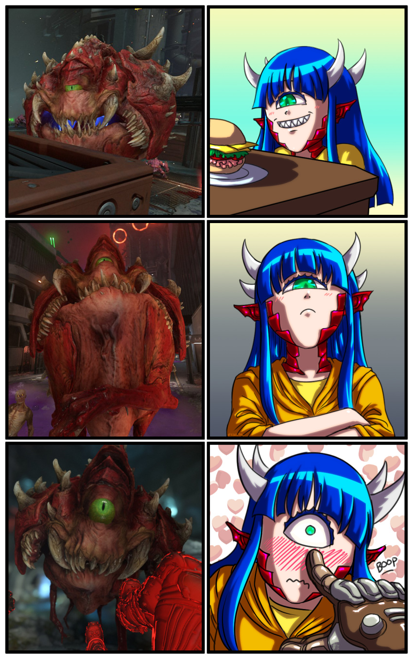 1girl, blue_hair, blush, cacodemon, cyclops, demon_girl, doom_(game), doom_eternal