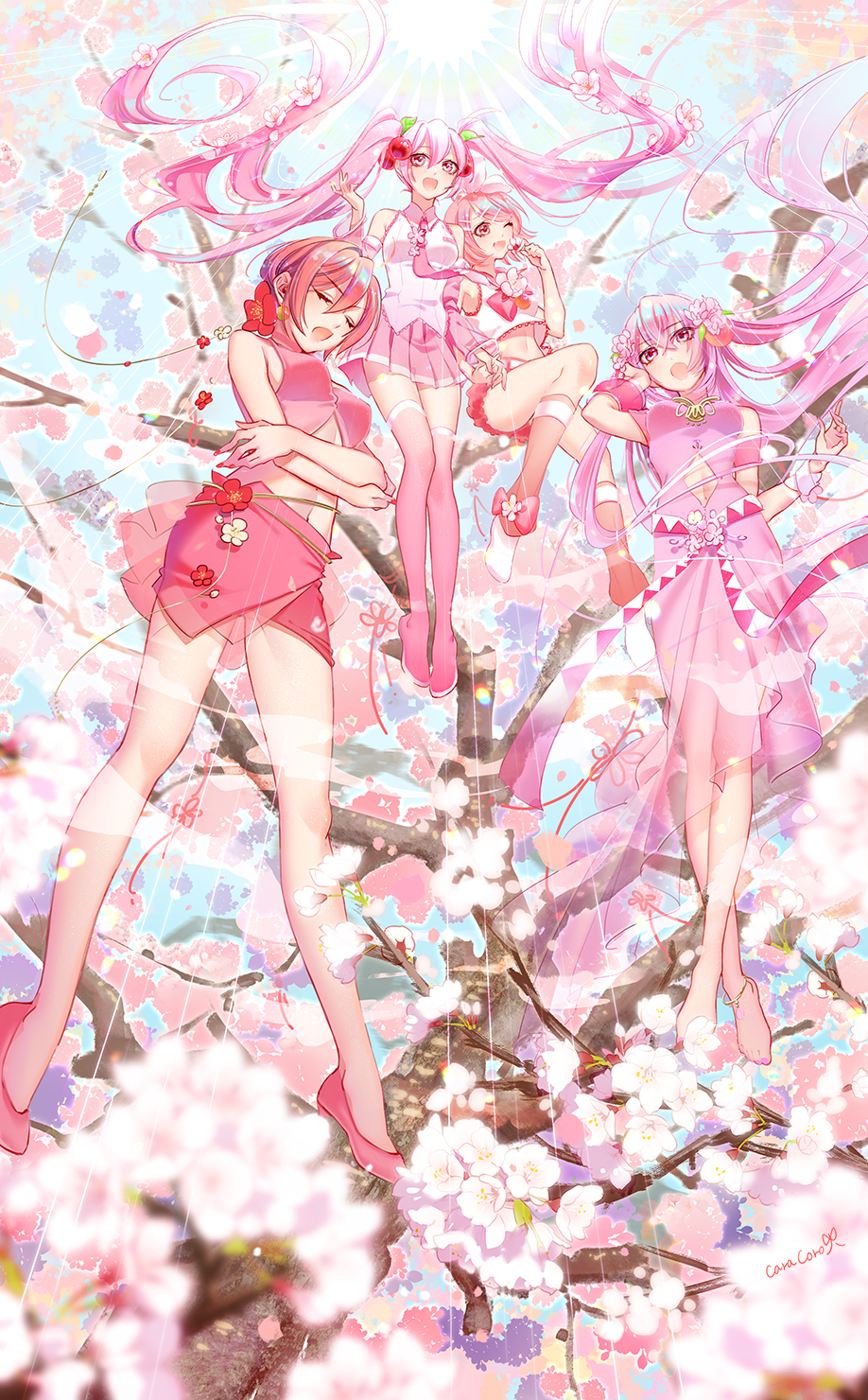 4girls, absurdly_long_hair, apricot_(fruit), apricot_blossom, armband, bare_shoulders, belt, branch