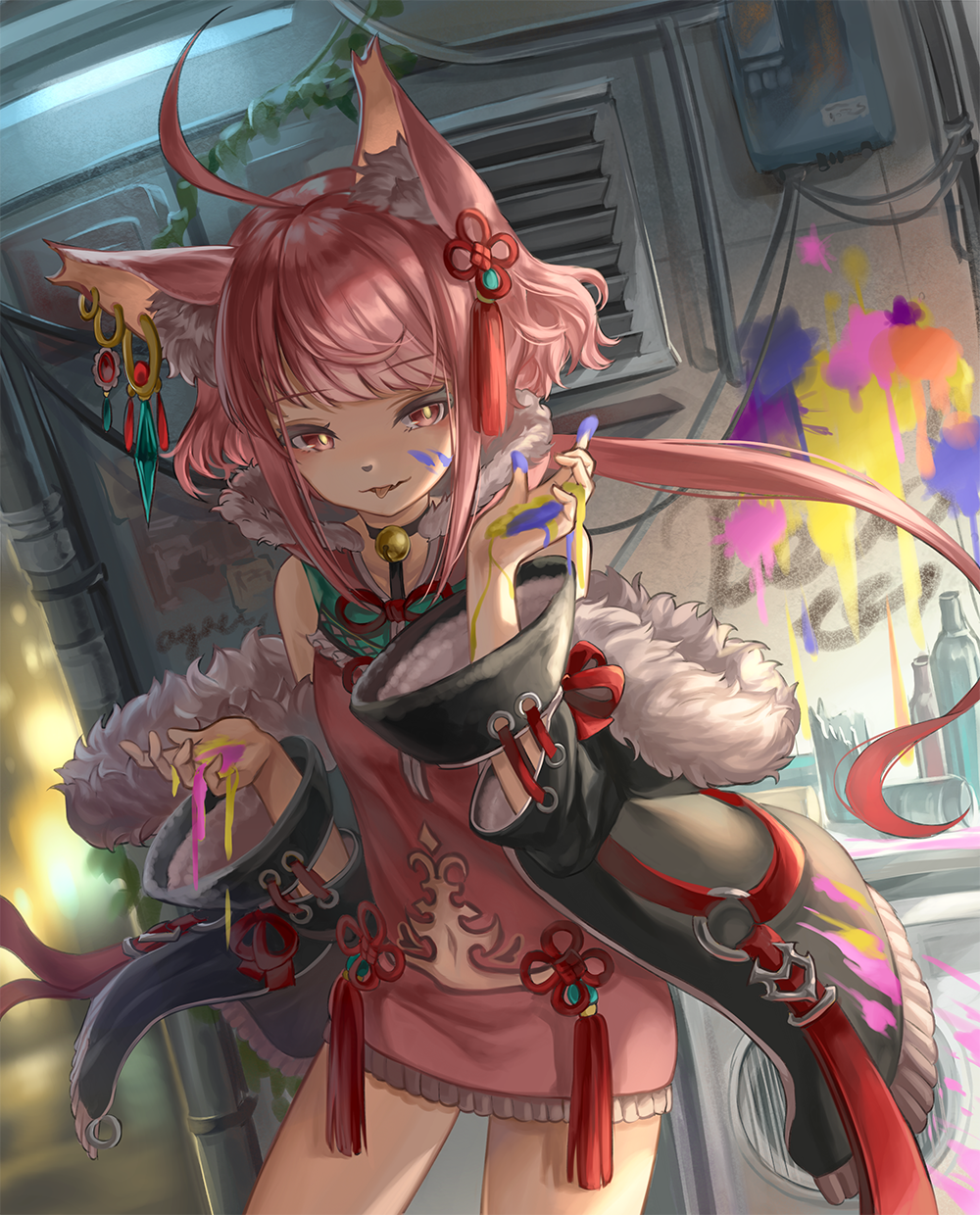 1girl, :p, ahoge, animal_ear_fluff, animal_ears, bangs, bare_shoulders, bell