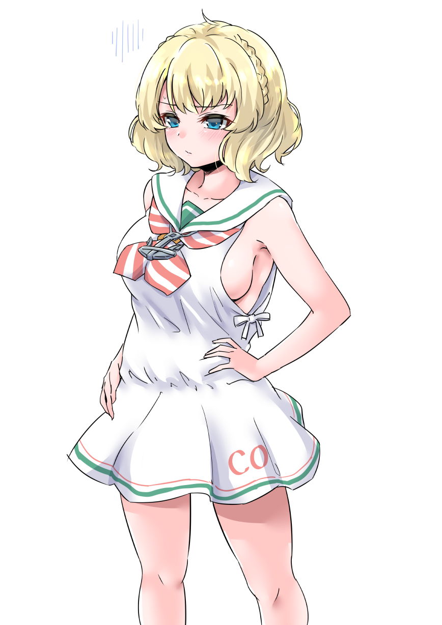 1girl, anchor, blonde_hair, blue_eyes, braid, breasts, collarbone, colorado_(kantai_collection)