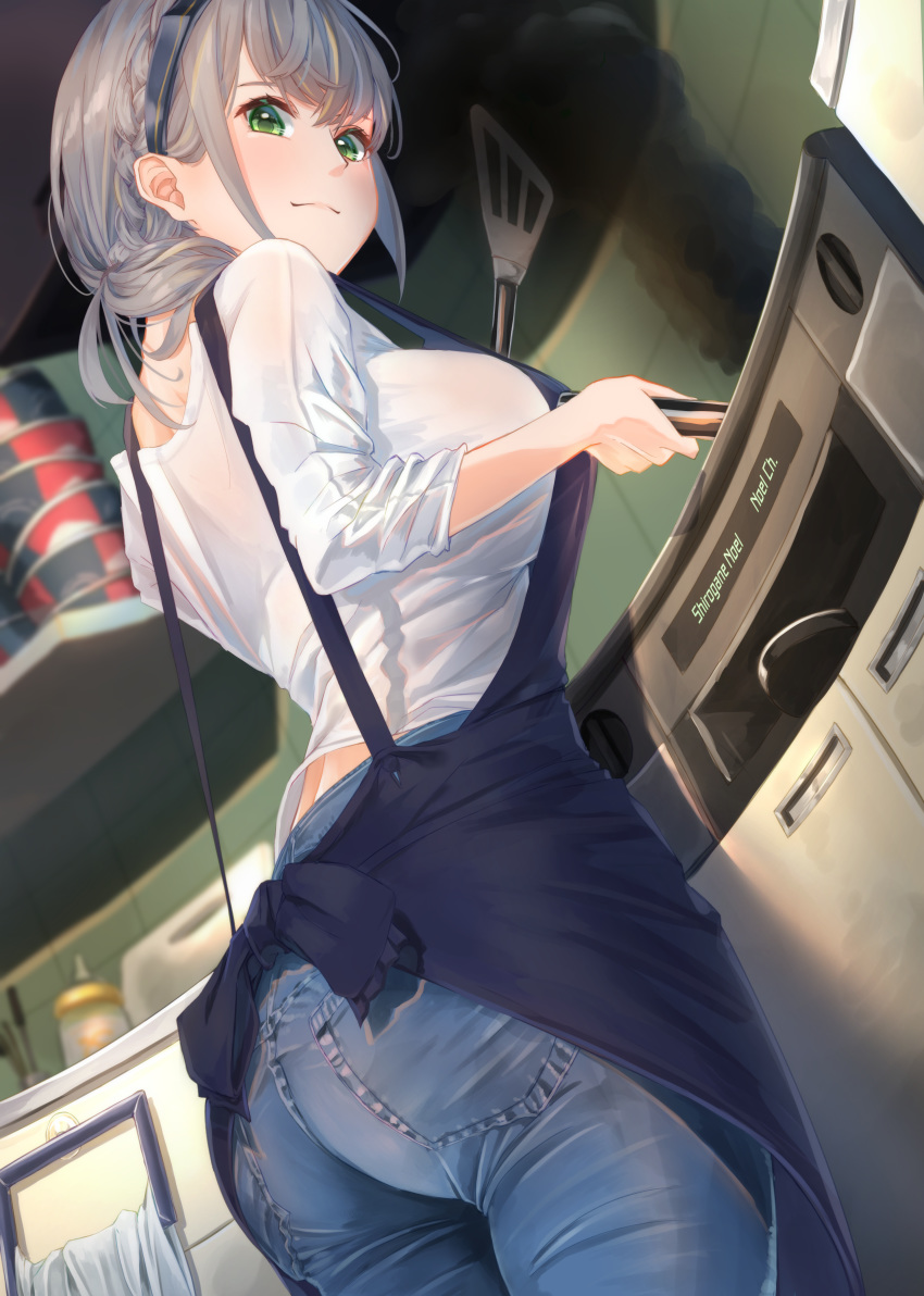 1girl, absurdres, alternate_costume, apron, ass, blue_apron, bowl, bowl_stack
