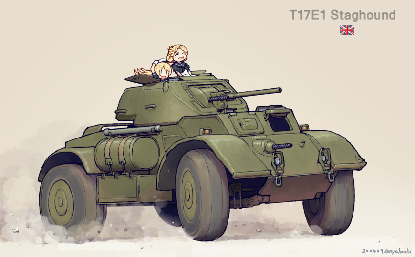 2girls, armored_car, bangs, blonde_hair, blue_sailor_collar, closed_eyes, commentary_request, dated