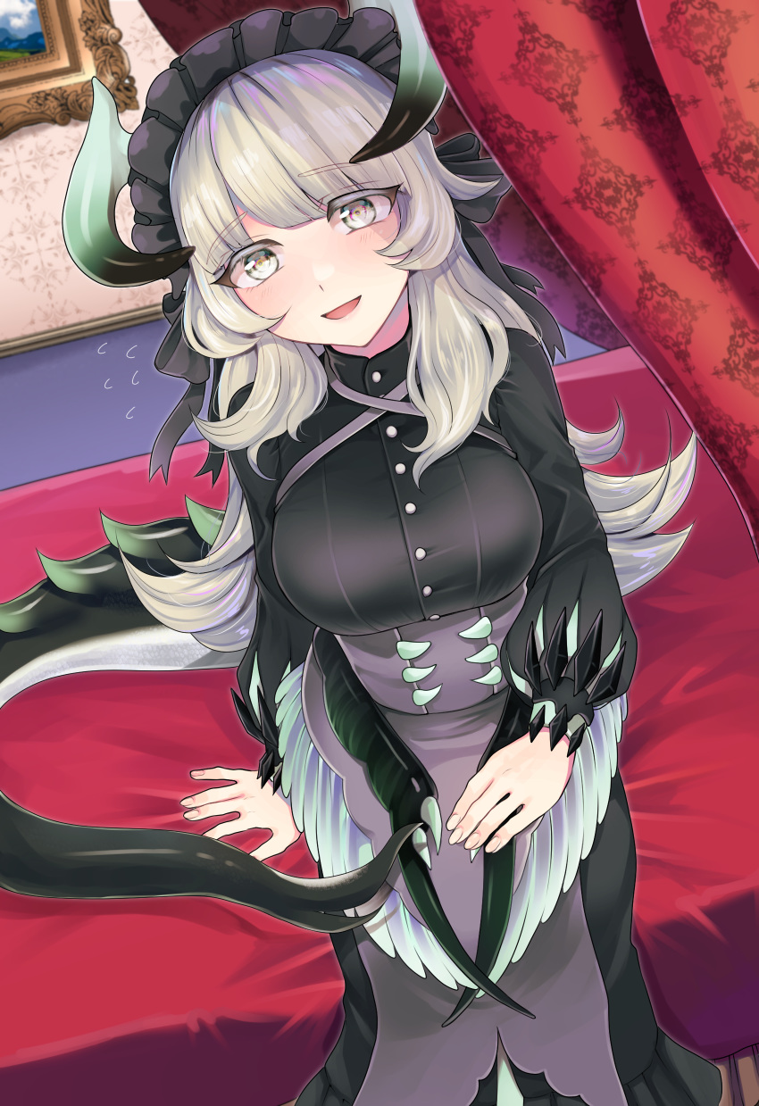 1girl, :d, absurdres, arm_support, bangs, black_dress, black_horns, black_tail, blush, breasts, buttons, commentary_request, corset, cowboy_shot, curtains, dragon_girl, dragon_horns, dragon_tail, dragon_wings, dragonmaid_chame, dress, duel_monster, dutch_angle, eyebrows_visible_through_hair, feathered_wings, flying_sweatdrops, four-poster_bed, green_horns, grey_eyes, hand_on_lap, highres, horns, indoors, large_breasts, long_dress, long_hair, long_sleeves, looking_at_viewer, maid, maid_dress, maid_headdress, on_bed, open_mouth, painting_(object), popon_ta_(npopo), puffy_long_sleeves, puffy_sleeves, sidelocks, silver_hair, sitting, sitting_on_bed, smile, solo, tail, wall, wallpaper_(object), wings, yuu-gi-ou