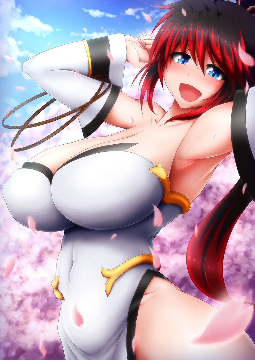 1girl, black_hair, blue_eyes, blush, breasts, cherry_blossoms, clouds, cloudy_sky