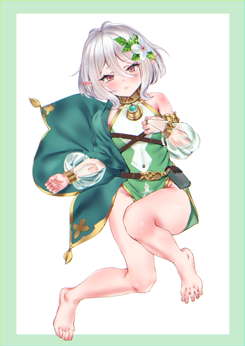 1girl, absurdres, antenna_hair, bare_shoulders, barefoot, blush, closed_mouth, detached_sleeves