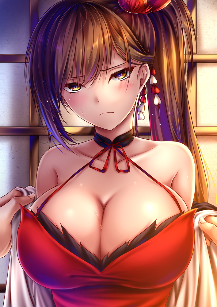 1girl, akeyama_kitsune, azur_lane, black_choker, blush, breasts, brown_eyes, brown_hair