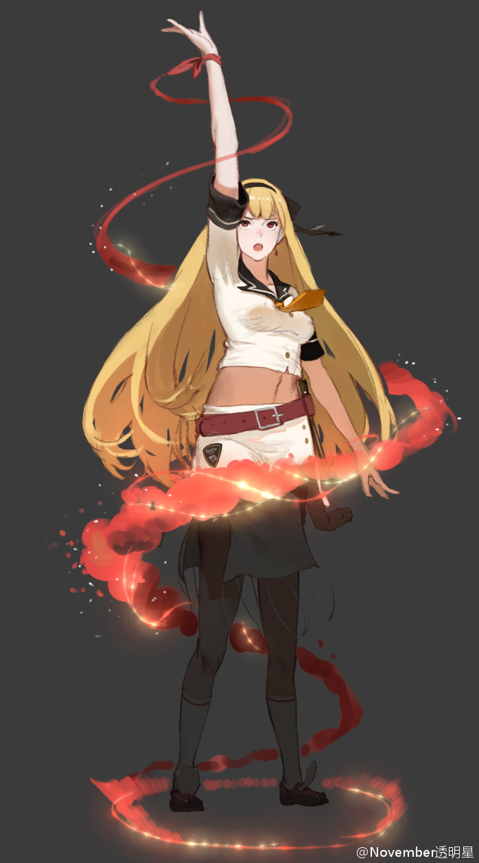 1girl, arm_up, artist_name, belt, black_ribbon, blonde_hair, breasts, chinese_commentary