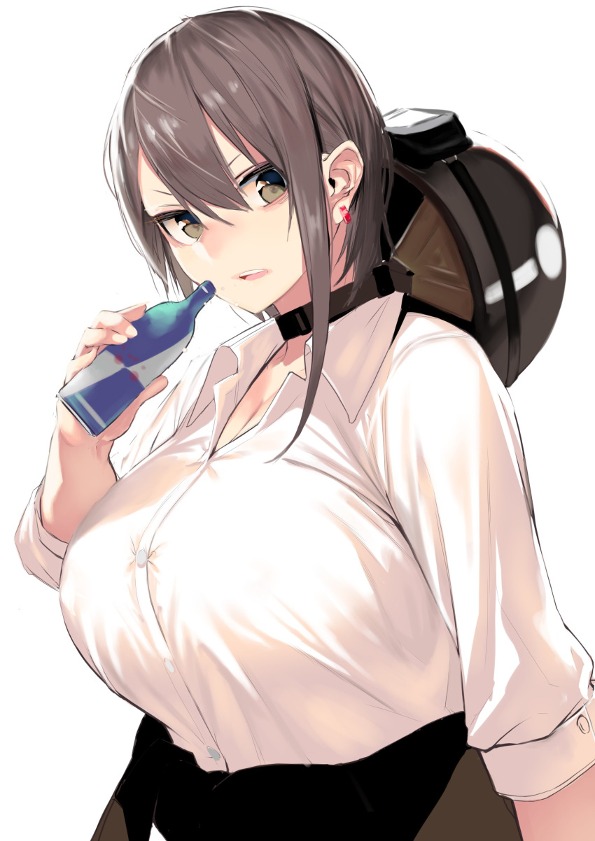 1girl, absurdres, bangs, bottle, breasts, brown_eyes, brown_hair, choker