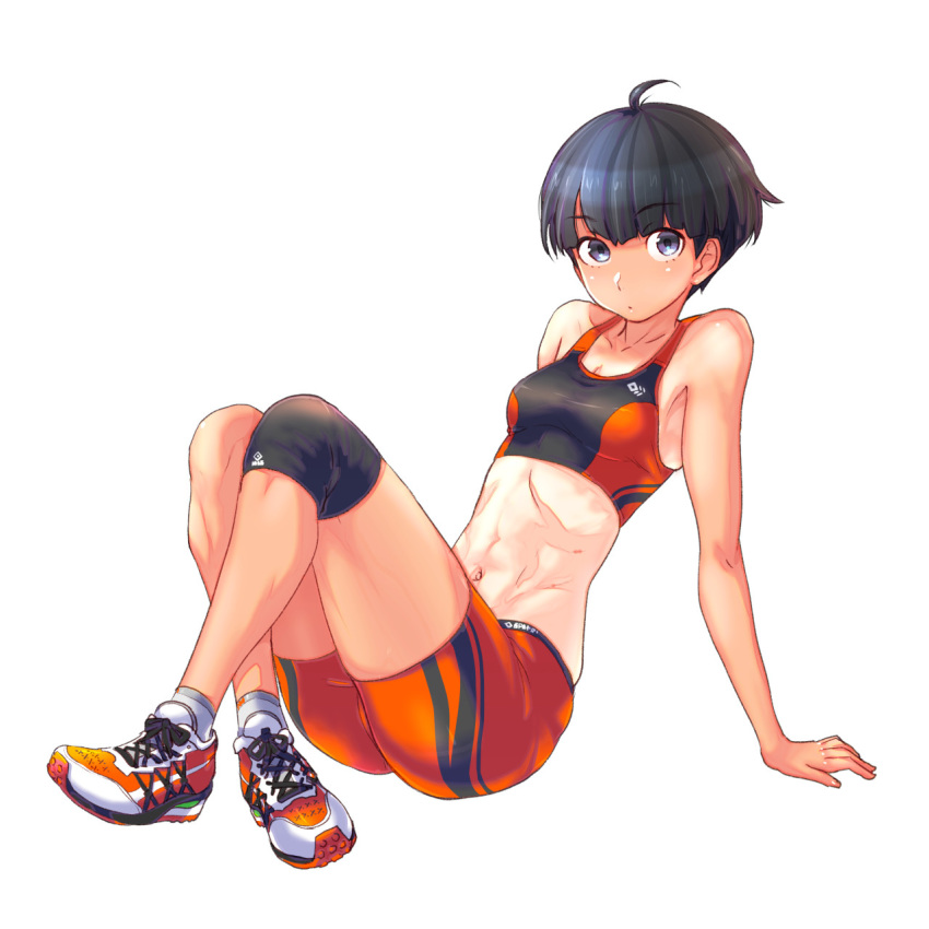 1girl, abs, ahoge, arm_support, armpits, bangs, bare_shoulders, bike_shorts