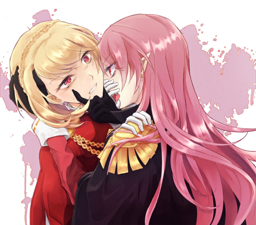 2girls, aiguillette, azur_lane, bangs, black_cape, blonde_hair, braid, cape