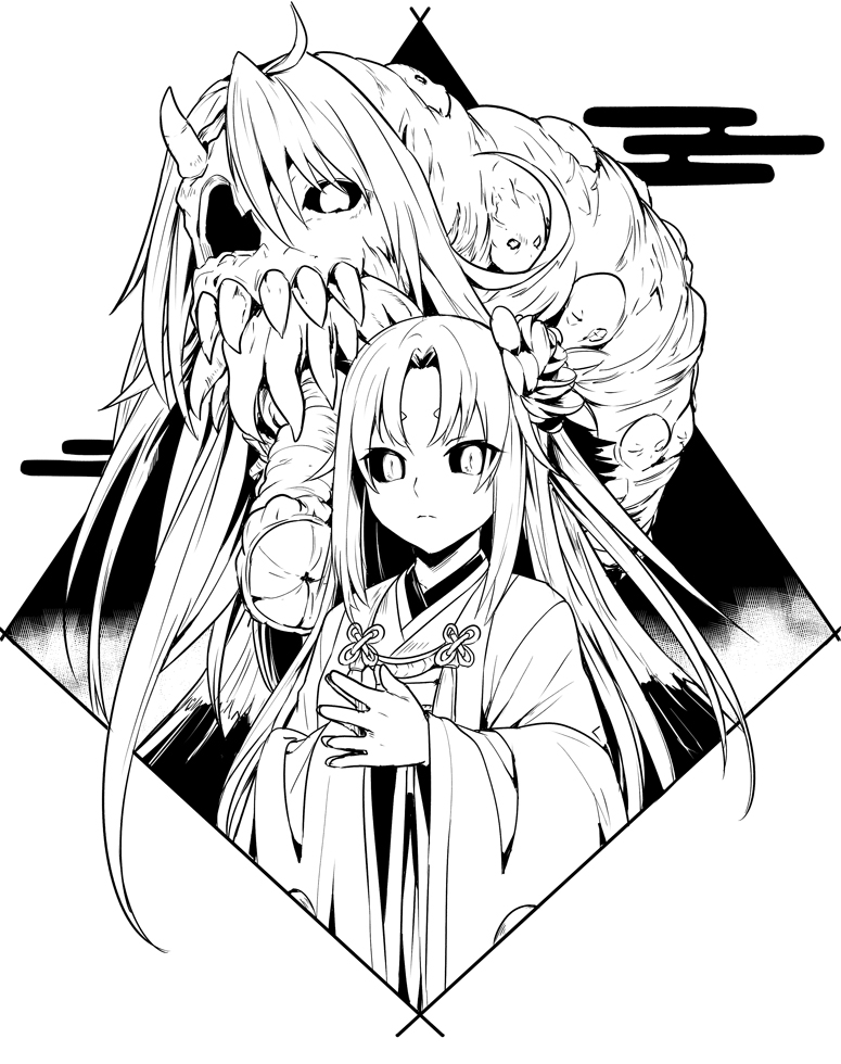 1girl, bangs, commentary_request, flower, hair_flower, hair_ornament, horn, japanese_clothes