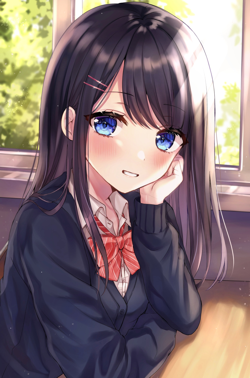 1girl, absurdres, bangs, black_hair, black_jacket, blue_eyes, blush, commentary_request