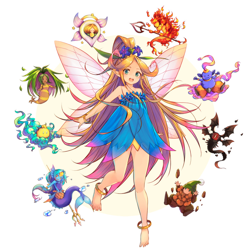 .sin, 1girl, anklet, bangle, bare_shoulders, barefoot, blonde_hair, blue_dress, blue_flower, bracelet, dress, dryad_(seiken_densetsu), faerie_(seiken_densetsu_3), fairy_wings, flower, full_body, gnome_(seiken_densetsu), green_eyes, hair_flower, hair_ornament, high_ponytail, highres, jewelry, jinn_(seiken_densetsu), long_hair, looking_at_viewer, luna_(seiken_densetsu), open_mouth, pointy_ears, salamander_(seiken_densetsu), seiken_densetsu, seiken_densetsu_3, shade_(seiken_densetsu), simple_background, smile, strapless, strapless_dress, undine_(seiken_densetsu), very_long_hair, white_background, will-o'-wisp_(seiken_densetsu), wings