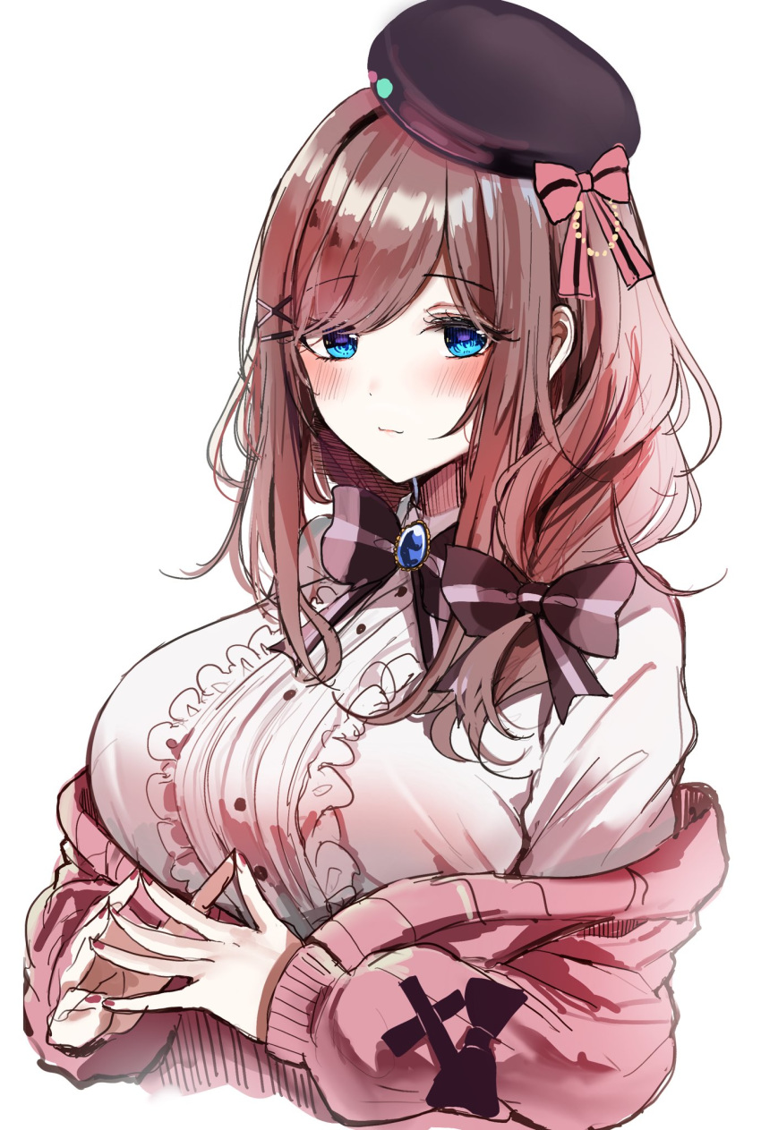 1girl, bangs, blue_eyes, blush, bow, breasts, brown_hair, center_frills