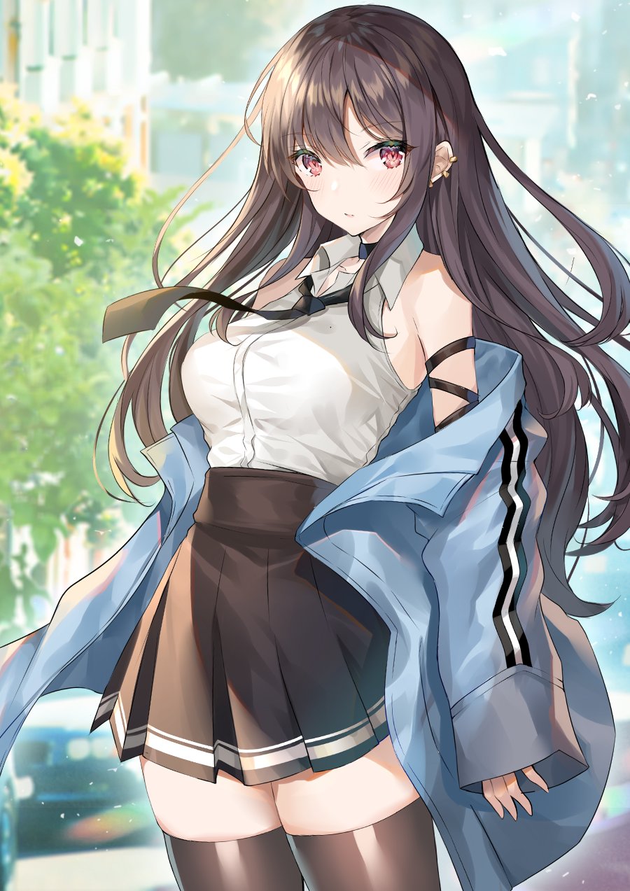 1girl, bangs, bare_shoulders, black_legwear, black_neckwear, black_skirt, blue_jacket, blurry