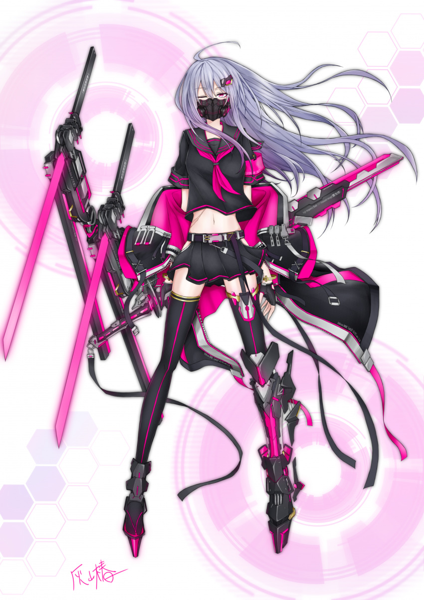 1girl, ahoge, armband, arms_at_sides, asymmetrical_gloves, asymmetrical_legwear, dress, fingerless_gloves