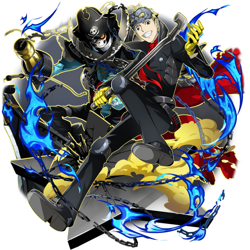 1boy, black_eyes, black_footwear, black_jacket, black_pants, blonde_hair, captain_kidd_(persona), chain