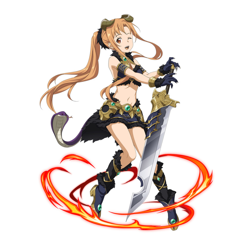 1girl, ;d, alternate_hairstyle, armlet, asuna_(sao), blue_bra, blue_footwear, blue_gloves