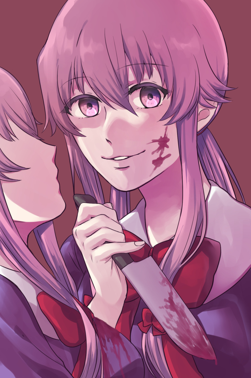 2girls, bangs, blood, blood_on_face, bloody_clothes, bloody_weapon, bow, bowtie