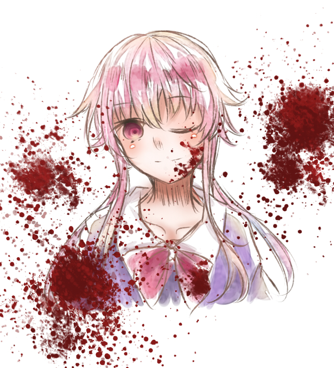 1girl, ;), bangs, blood, blood_on_face, blood_splatter, bloody_clothes, blue_shirt