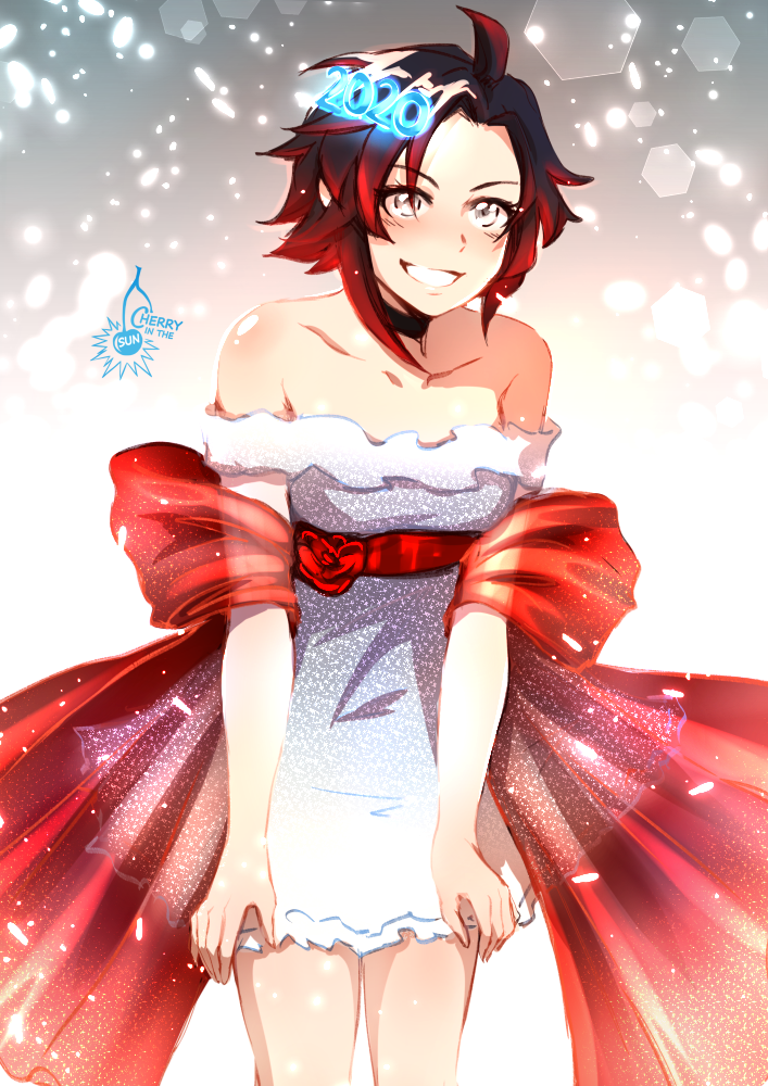 1girl, 2020, ahoge, artist_name, black_hair, blue_dress, blush, cherry_in_the_sun, choker, collarbone, dress, gradient_hair, grey_background, grey_eyes, grin, multicolored_hair, redhead, ruby_rose, rwby, sash, see-through, short_dress, short_hair, smile, solo, standing, strapless, strapless_dress