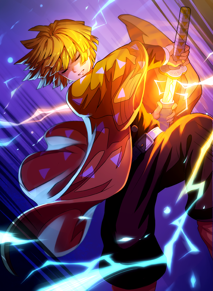 1boy, agatsuma_zenitsu, black_jacket, black_pants, blonde_hair, closed_eyes, facing_viewer, grin