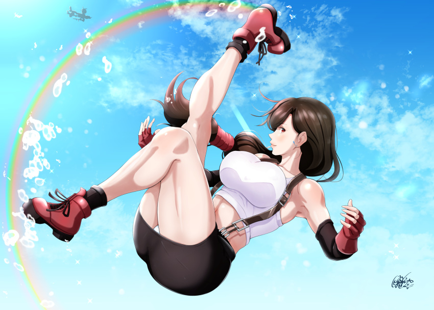 1girl, black_skirt, blue_sky, boots, breasts, clouds, dragonoil, earrings