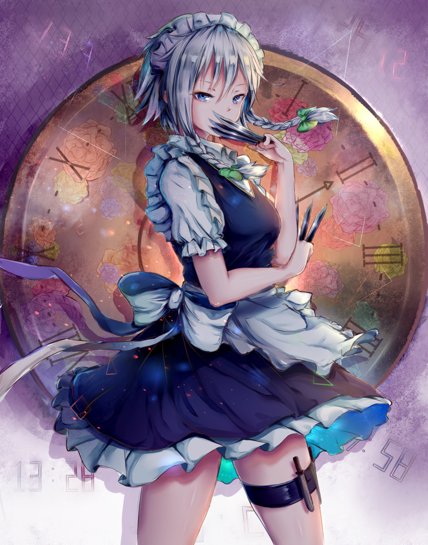 1girl, absurdres, apron, bangs, blue_dress, blue_eyes, bow, braid