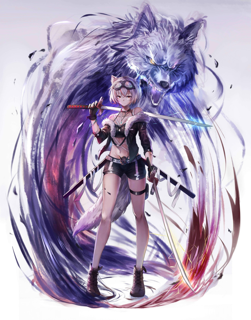 1girl, absurdres, animal_ears, aura, bandeau, bare_legs, belt, black_gloves