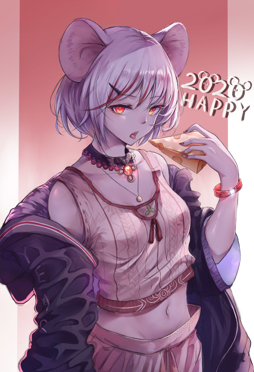 1girl, 2020, absurdres, animal_ears, aran_sweater, black_jacket, bracelet, breasts, cheese, choker, cowboy_shot, eyebrows_visible_through_hair, food, hair_ornament, hairclip, highres, jacket, jewelry, key_jun, looking_at_viewer, medium_breasts, midriff, mouse_ears, multicolored_hair, nail_polish, navel, necklace, new_year, off_shoulder, open_mouth, orange_eyes, original, pendant, red_background, red_nail, redhead, short_hair, silver_hair, simple_background, solo, streaked_hair, sweater, tank_top, tongue, tongue_out, two-tone_hair