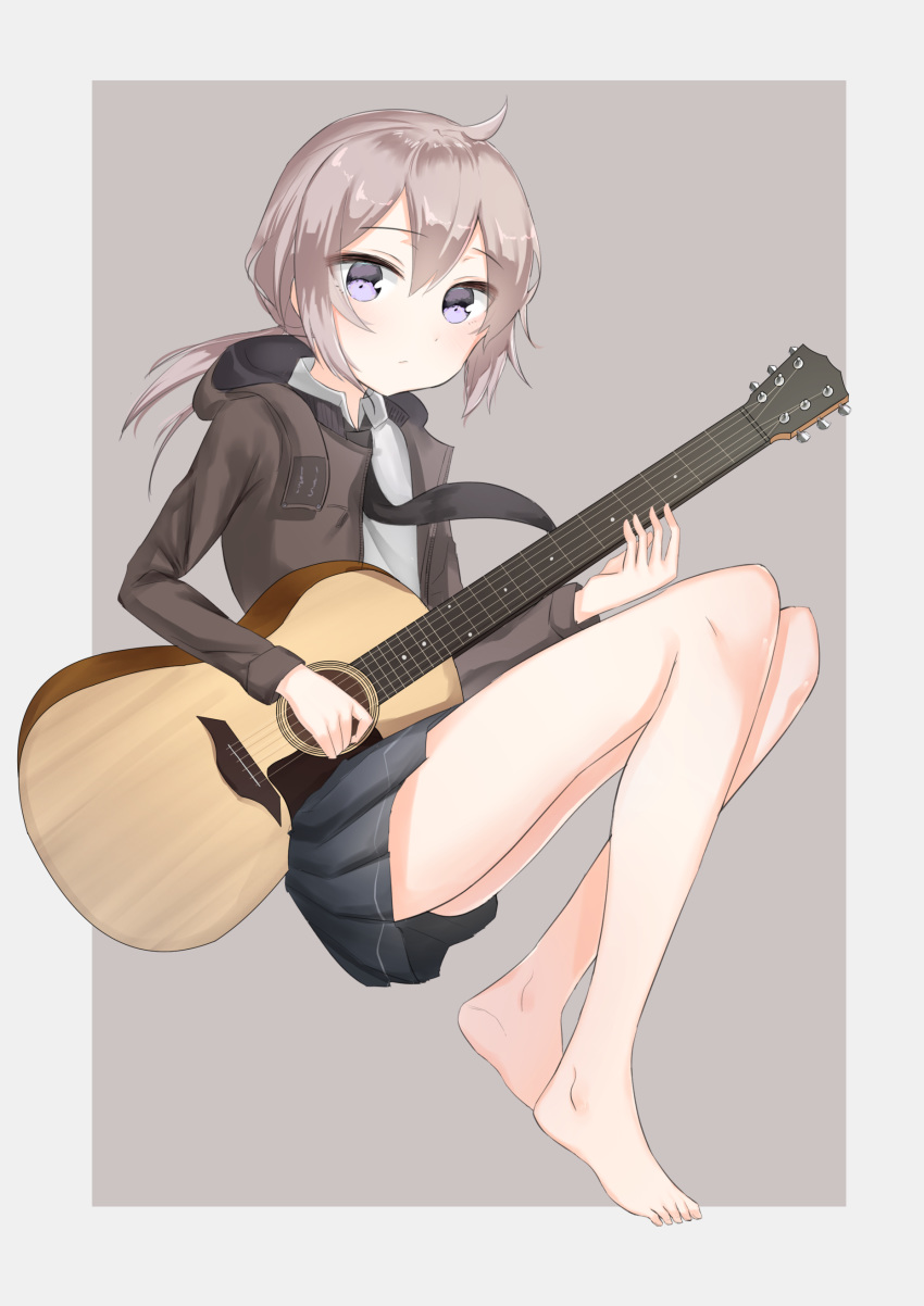 1girl, absurdres, ahoge, barefoot, brown_jacket, elanore, girls_frontline, grey_background, grey_hair, guitar, highres, instrument, jacket, legs, looking_at_viewer, m200_(girls_frontline), medium_hair, necktie, no_shoes, shirt, skirt, solo, violet_eyes, white_shirt