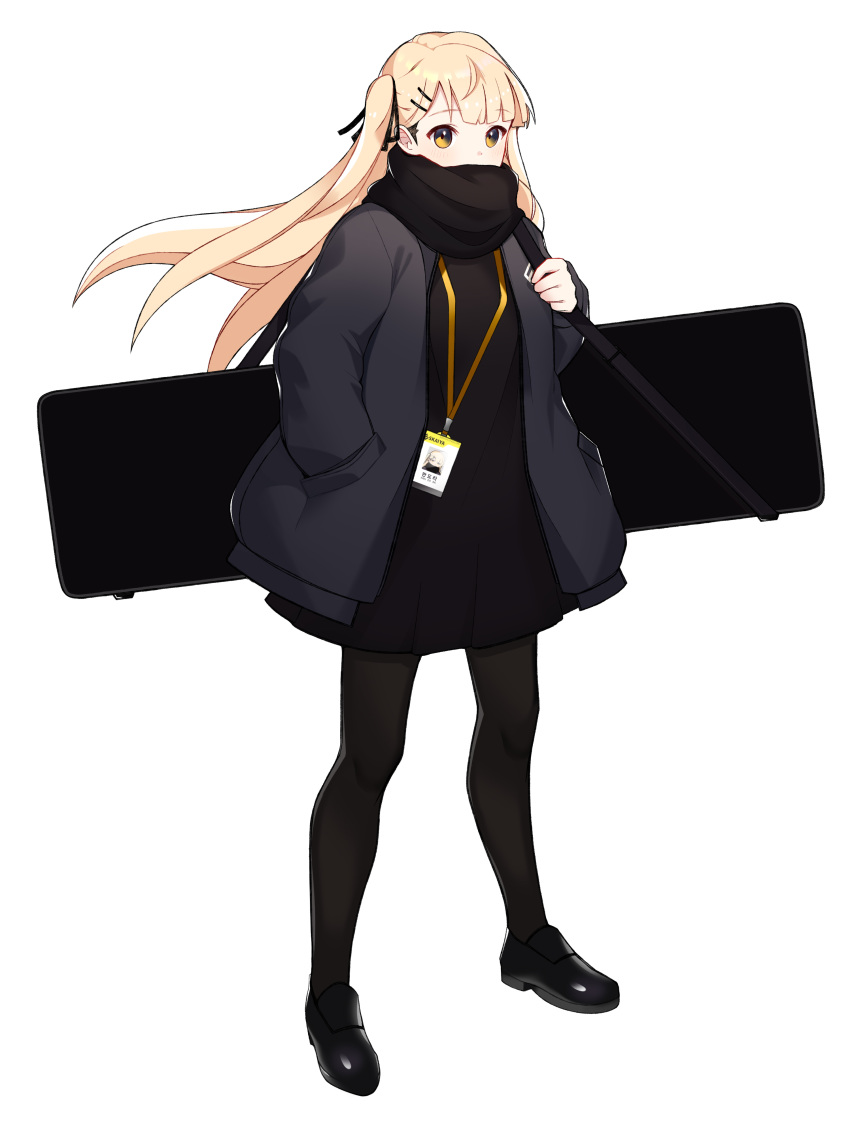 1girl, absurdres, black_coat, black_footwear, black_legwear, black_scarf, blonde_hair, brown_eyes
