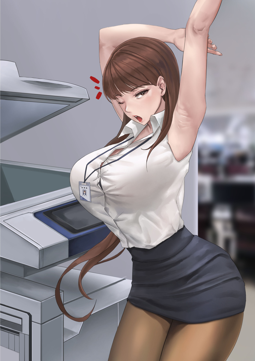 1girl, absurdres, armpits, arms_up, bangs, bare_shoulders, black_legwear, black_skirt