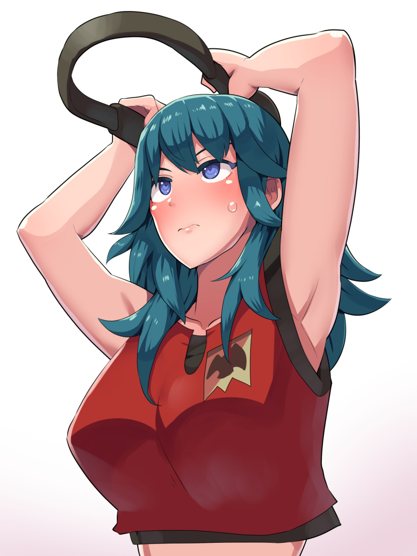 1girl, armpits, arms_up, blue_eyes, blue_hair, blush, boris_(noborhys), breasts