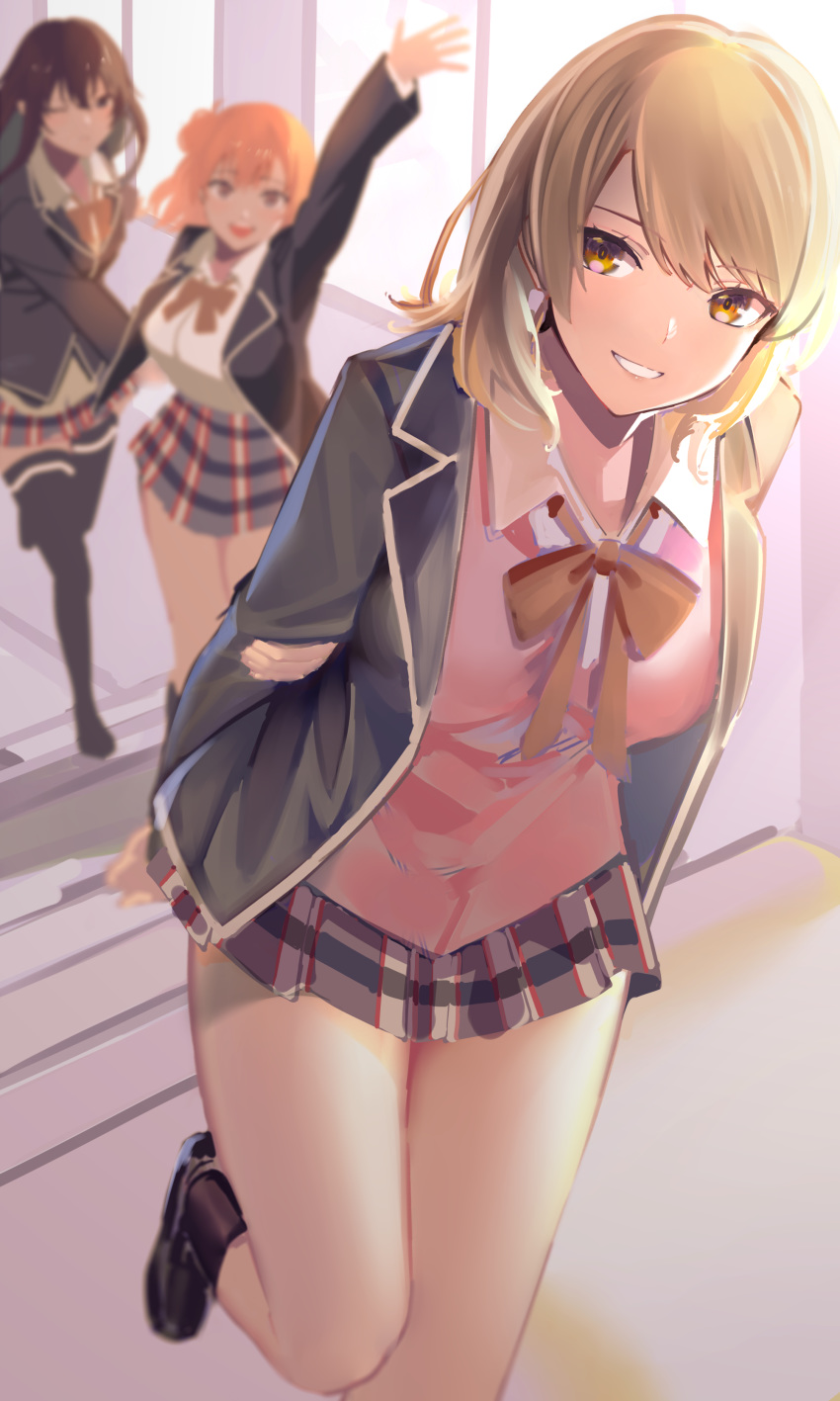 3girls, absurdres, arm_behind_back, arm_up, bangs, black_hair, blazer, brown_eyes