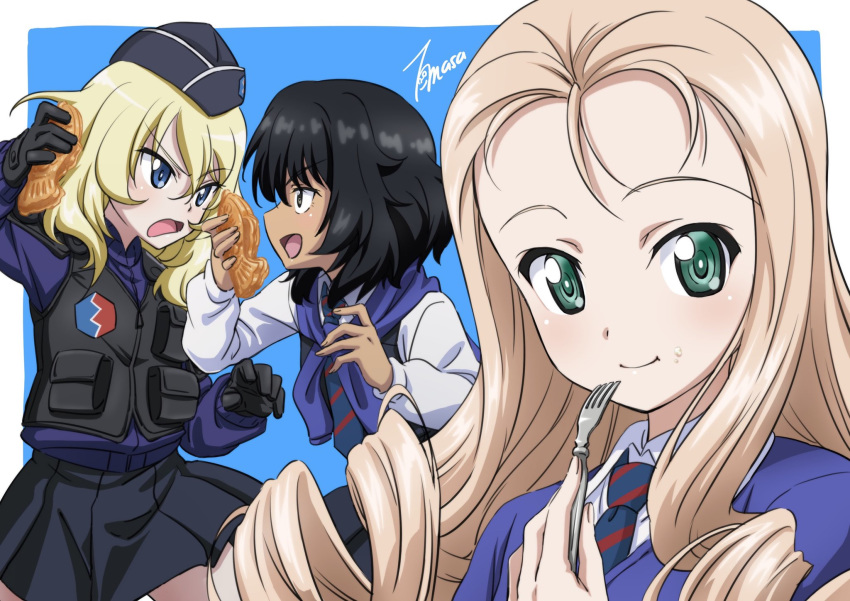 3girls, andou_(girls_und_panzer), artist_name, bc_freedom_school_uniform, black_gloves, black_headwear, black_skirt, black_vest