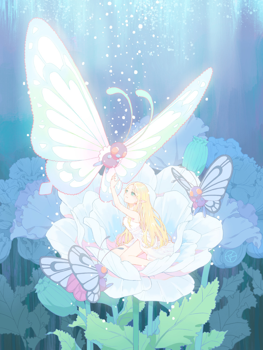 1girl, absurdres, arm_up, bangs, blonde_hair, blue_eyes, bug, butterfly
