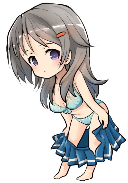 1girl, blue_bra, blue_panties, blue_skirt, bra, chibi, china_moeka, commentary_request