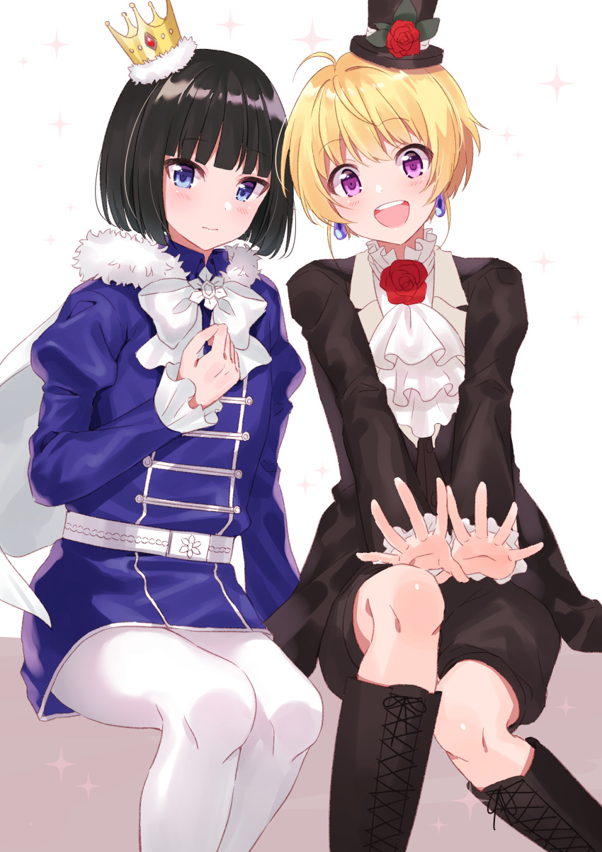 2boys, absurdres, bangs, black_hair, blonde_hair, blue_eyes, bob_cut, boots