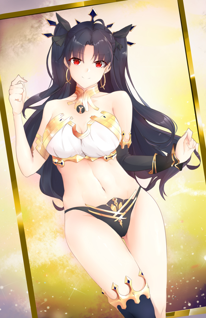 1girl, absurdres, armband, ass_visible_through_thighs, bare_shoulders, black_hair, black_ribbon, breasts