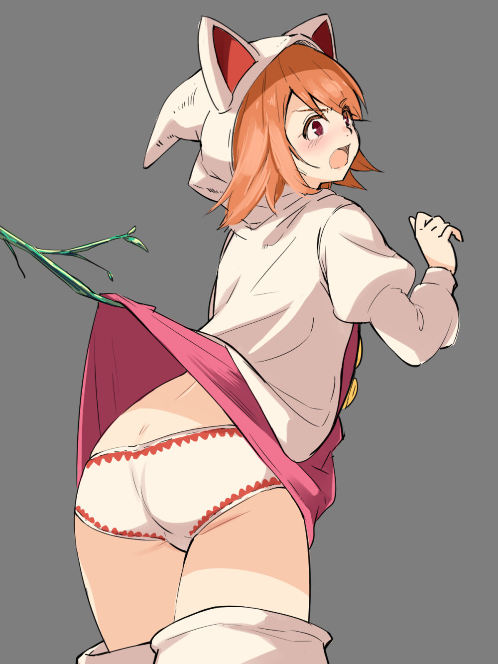 1girl, animal_hood, ass, branch, cat_hood, devout, dress, dress_lift